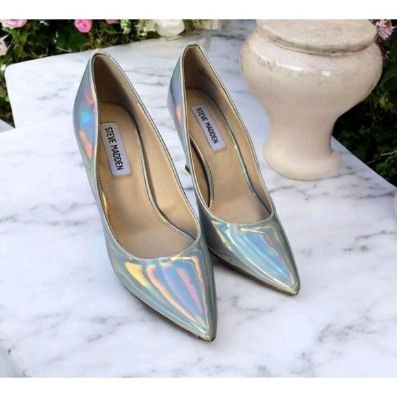 SOLD New Steve Madden Silver / Opal Holographic Dress Heels Size 6M - Picture 1 of 3